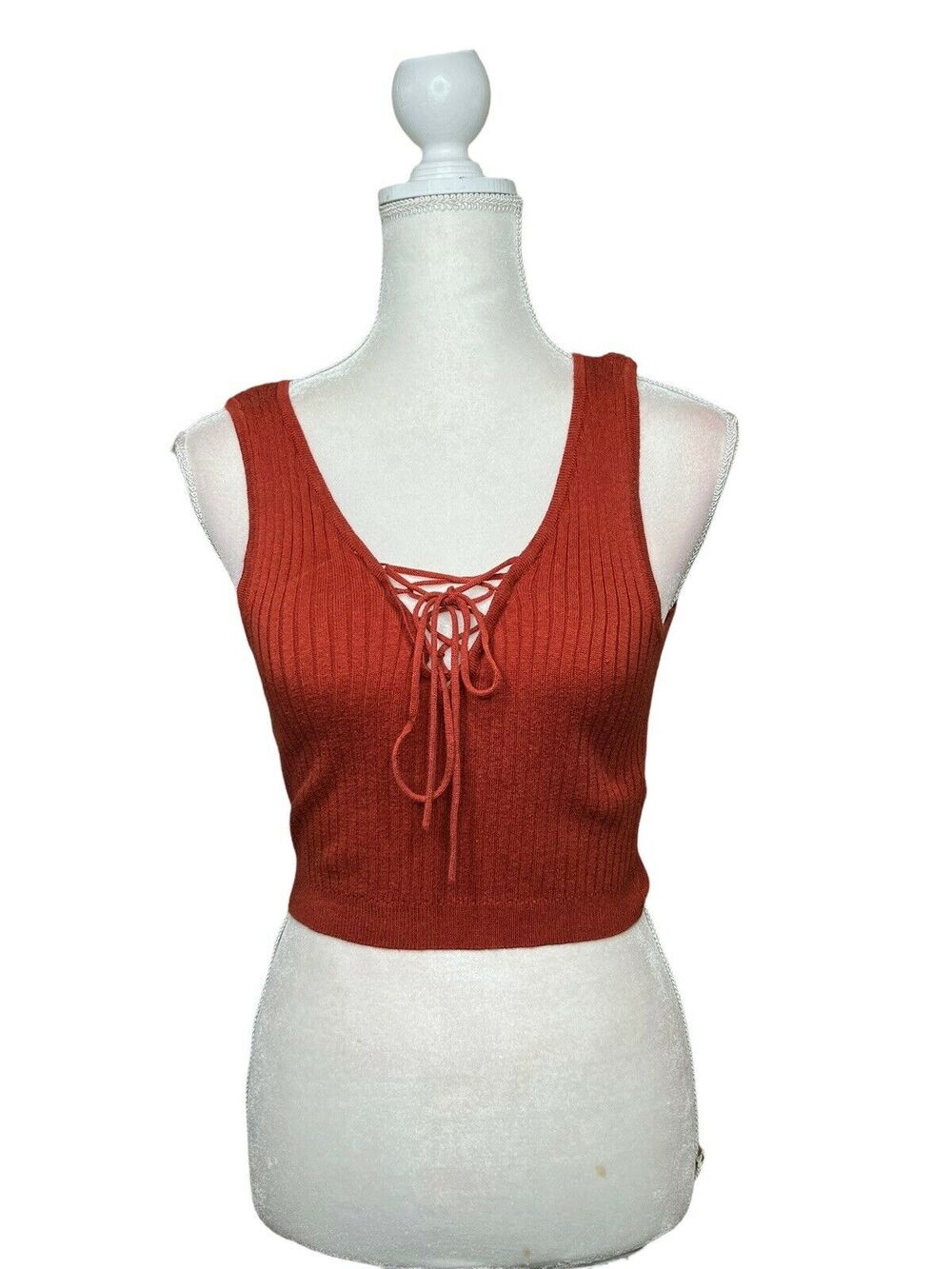 Forever 21 Ribbed Knit Lace-Up Front Sleeveless Crop Top Rust Orange Sz S